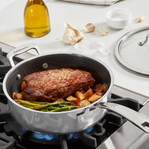 Stainless Steel Pan with Roast beef and vegetables inside 
